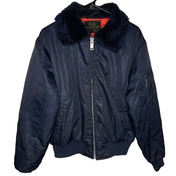 VTG Sears Work Leisure Faux Fur Bomber Flight Nylon Jacket L 38-40 Navy Blue - Picture 1 of 6